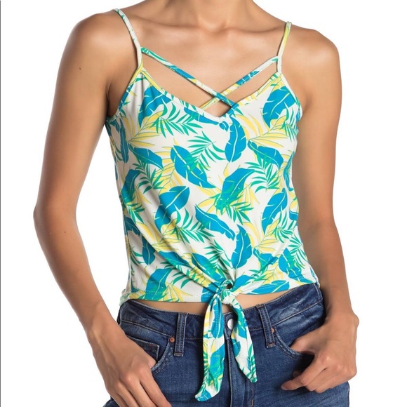 Poof Tropical Leaf Print Tank Top Tie Front - Picture 2 of 3
